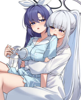 2girls absurdres black_halo blue_archive blue_eyes blue_hair blue_pajamas breasts commentary_request grey_hair hairband halo highres hug hug_from_behind korean_commentary long_hair looking_at_another mechanical_halo medium_breasts multiple_girls noa_(blue_archive) noa_(pajamas)_(blue_archive) official_alternate_costume open_mouth pajamas ponytail purple_eyes simple_background sitting smile thighs white_background white_hairband white_halo white_pajamas yuri yuuka_(blue_archive) yuuka_(pajamas)_(blue_archive) ziro_(zirorong)