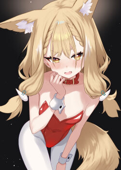 1girl absurdres alternate_costume animal_ears arknights arknights:_endfield belt_collar blonde_hair blush breasts collar commentary commentary_request dr.lamina english_commentary highres leotard long_hair looking_at_viewer mixed-language_commentary open_mouth pantyhose red_leotard rossi_(arknights) simple_background small_breasts solo tail white_pantyhose wolf_ears wolf_girl wolf_tail yellow_eyes