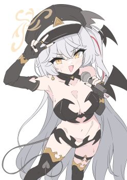 1girl bare_shoulders black_gloves black_thighhighs blue_archive breasts commentary_request demon_tail demon_wings elbow_gloves eri_(blue_archive) gloves grey_hair halo hat highres large_breasts looking_at_viewer mizusaki_(kn27) navel peaked_cap simple_background solo tail thighhighs thighs white_background wings yellow_eyes yellow_halo