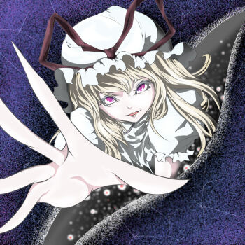 1girl blonde_hair colored_eyelashes commentary_request crack female_focus fourth_wall fuyuno_(kiddyland) gap_(touhou) hat hat_ribbon lips long_fingers looking_at_viewer mob_cap open_mouth pale_skin pov purple_eyes reaching reaching_towards_viewer ribbon short_sleeves solo static touhou yakumo_yukari