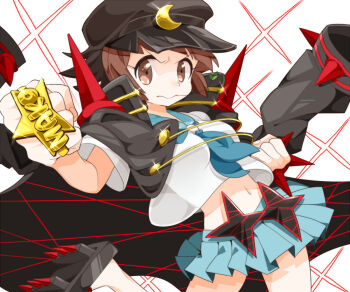 Rule 34 | 10s, 1girl, alternate costume, bad id, bad pixiv id, banchou, blue sailor collar, blue skirt, brass knuckles, brown eyes, brown hair, clenched hands, coat, delinquent, female focus, hat, kill la kill, mankanshoku mako, midriff, mouth hold, navel, nnn (obakekkuru), pleated skirt, sailor collar, school uniform, serafuku, short hair, skirt, solo, spoilers, weapon