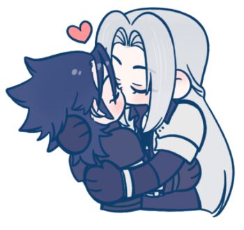 105zz 2boys armor black_coat black_gloves black_hair closed_eyes coat cropped_torso final_fantasy final_fantasy_vii gloves grey_hair hair_slicked_back hug kiss light_blush long_hair male_focus multiple_boys parted_bangs pauldrons sephiroth shoulder_armor sideburns white_background yaoi zack_fair