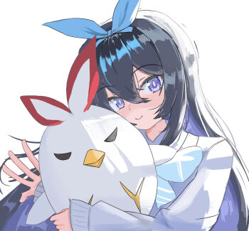 Rule 34 | 1girl, antenna hair, beak, bird, black hair, blue ribbon, bow, bright pupils, colored inner hair, commentary request, feathers, hair between eyes, headband, highres, honkai (series), honkai impact 3rd, jingwei (bird), light smile, long hair, long sleeves, masita (kcsf3528), multicolored hair, official alternate costume, purple eyes, ribbon, seele vollerei, seele vollerei (herrscher of rebirth), shirt, streaked hair, white feathers, white shirt