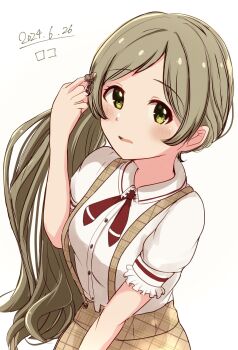 1girl blonde_hair brown_skirt character_name cowboy_shot dated dress_shirt eyelashes fluffy_hair frilled_sleeves frills handa_roco highres idolmaster idolmaster_million_live! idolmaster_million_live!_theater_days light_blush long_hair looking_at_viewer natsuki_p neck_ribbon official_alternate_costume parted_lips plaid_clothes plaid_skirt private_dress_(idolmaster_million_live!) puffy_short_sleeves puffy_sleeves red_ribbon ribbon shirt short_sleeves side_ponytail skirt solo suspender_skirt suspenders swept_bangs twirling_hair unmoving_pattern very_long_hair white_background wing_collar yellow_eyes