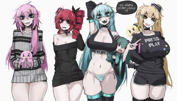 ace_glitch adjusting_hair akita_neru alternate_costume arm_up bikini bikini_bottom_only black_shirt black_shorts black_sweater blonde_hair breasts character_doll character_name cleavage cowboy_shot doll dolphin_shorts drill_hair english_text gluteal_fold green_eyes grey_eyes grey_hair groin hair_between_eyes hair_over_shoulder hatsune_miku highres kasane_teto large_breasts long_hair long_sleeves looking_at_viewer megurine_luka midriff mirai_nikki navel off-shoulder_sweater off_shoulder open_mouth pink_hair purple_eyes red_eyes red_hair sharp_teeth shirt shorts side_ponytail sidelocks skindentation small_breasts speech_bubble sports_bra standing string_bikini striped_bikini striped_clothes sweater swimsuit teeth thigh_gap thighhighs thighs toned toned_female twin_drills utau very_long_hair vocaloid white_background