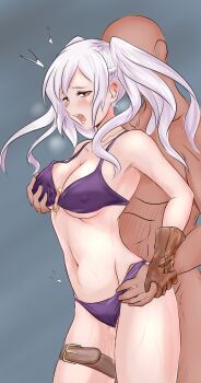 1boy 1girl bald bikini breasts brown_gloves cleavage clothed_female_nude_male commentary cowboy_shot faceless faceless_male female_robin_(fire_emblem) female_robin_(seaside_tactician)_(fire_emblem) fire_emblem fire_emblem_awakening gloves grabbing_another's_breast grabbing_from_behind grey_background groping hetero highres long_hair medium_breasts navel nintendo nude o-ring o-ring_bikini open_mouth purple_bikini purple_eyes sex sex_from_behind solo_focus standing standing_sex stomach swimsuit thigh_strap twintails viperxtr white_hair