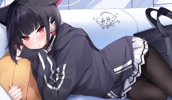 1girl absurdres animal_ears black_hair black_pantyhose blue_archive blue_cardigan cardigan cat_ears cat_girl futagoma halo highres kazusa_(blue_archive) medium_hair multicolored_hair pantyhose pink_eyes pink_hair pink_halo skirt solo thighs two-tone_hair white_skirt