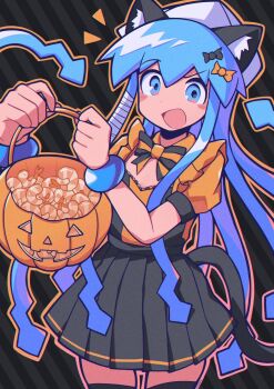 1girl :d animal_ears black_background black_dress blue_eyes blue_hair blush_stickers bow bucket cat_ears cat_girl cat_tail dress emphasis_lines halloween halloween_costume highres holding holding_bucket ikamusume jack-o'-lantern long_hair open_mouth orange_bow orange_outline outline pleated_dress raised_eyebrow shinryaku!_ikamusume shrimp signal_(eriasignal) smile solo squid tail tentacle_hair tentacles