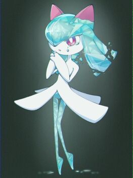 black_background colored_skin gen_3_pokemon green_hair green_skin hair_over_one_eye horns kirlia multicolored_skin narumiya_pkmn nintendo own_hands_together pink_eyes pokemon pokemon_(creature) shattered sidelocks two-tone_skin white_skin