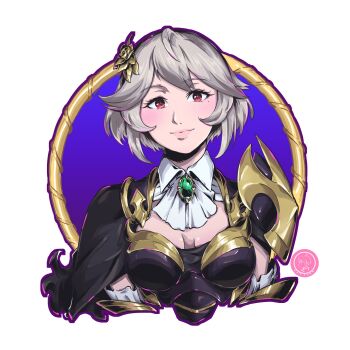 1girl alternate_hairstyle armor ascot black_armor breasts commentary female_corrin_(fire_emblem) female_corrin_(nohr_noble)_(fire_emblem) fire_emblem fire_emblem_heroes gem gold_trim green_gem grey_hair hairband highres kenjik76 medium_breasts nintendo red_eyes short_hair simple_background upper_body white_ascot white_background