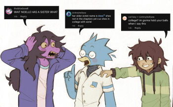 1boy 1girl 1other beak berdly_(deltarune) bird_boy brown_hair closed_eyes collared_shirt colored_sclera commentary deltarune english_commentary english_text furry furry_female furry_male glasses green_hoodie grimace hand_on_another&#039;s_shoulder hands_on_own_head highres hood hoodie index_finger_raised jacket kris_(deltarune) long_hair medium_hair purple_jacket round_eyewear shirt short_hair striped_clothes striped_hoodie susie_(deltarune) szivarvanyturmix02 tiktok utdr_(toby_fox) white_shirt yellow_sclera