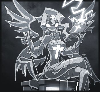 1girl bible_(object) breasts cleavage crossed_legs detached_wings dogma_(the_binding_of_isaac) highres long_hair looking_at_viewer monster_girl not_your_sagittarius sitting solo static television the_binding_of_isaac thigh_strap thighhighs wings