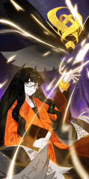 1girl bad_id bad_pixiv_id black_hair brown_eyes club3 female_focus forever_7th_capital glasses highres long_hair looking_at_viewer night sky solo star_(sky) starry_sky