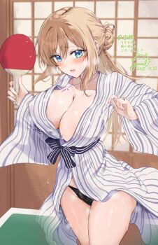 Rule 34 | 1girl, black panties, blonde hair, blue eyes, blush, breasts, cleavage, commentary request, highres, holding table tennis paddle, indoors, japanese clothes, kimono, large breasts, long hair, looking at viewer, original, paddle, panties, solo, sweat, table tennis paddle, underwear, yukata, yuuri (orz commushows)