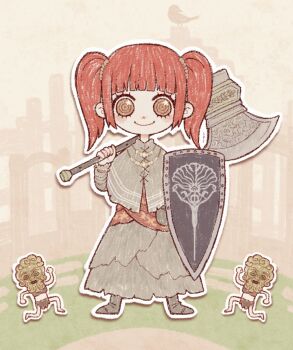 Rule 34 | 1girl, animated, animated gif, axe, bead bracelet, beads, bird, blunt bangs, bracelet, capelet, character request, chibi, commentary, dark souls (series), eleanor (ohmyeleanor), english commentary, green capelet, green footwear, green skirt, holding, holding axe, holding shield, holding weapon, jewelry, light blush, orange sky, outline, red hair, shield, short hair, short twintails, sidelocks, skirt, sky, smile, solo, twintails, weapon, white outline, youtube