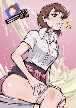 1girl absurdres biku blush breasts brown_eyes brown_hair choker clothes_around_waist clothes_pull health_bar highres medium_breasts musical_note panties panty_pull peeing persona persona_3 pink_background relief skirt skirt_pull sweater sweater_around_waist takeba_yukari thighs underwear white_choker white_panties