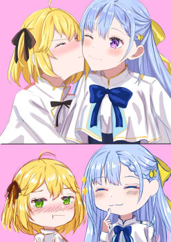 2girls absurdres anisphia_wynn_palettia black_ribbon blue_bow blue_bowtie blush bow bowtie closed_eyes coat commentary_request euphyllia_magenta green_eyes hair_ribbon highres kiss kissing_cheek kuribou multiple_girls neck_ribbon one_eye_closed pink_background pointing pointing_at_self pout purple_eyes ribbon shirt simple_background smile tensei_oujo_to_tensai_reijou_no_mahou_kakumei white_coat white_shirt yellow_ribbon yuri