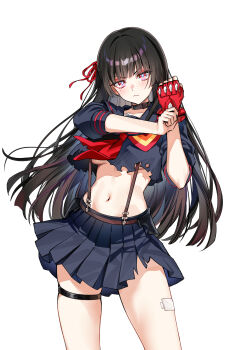 1girl absurdres black_choker black_hair black_serafuku black_skirt breasts chisa_(wuthering_waves) choker closed_mouth collarbone commentary cosplay english_commentary fingerless_gloves foxyreine gloves hair_ribbon highres kill_la_kill light_blush long_hair looking_at_viewer matoi_ryuuko matoi_ryuuko_(cosplay) mole mole_under_eye navel red_eyes red_gloves red_ribbon ribbon school_uniform senketsu serafuku shirt signature single_fingerless_glove skirt solo stomach suspender_skirt suspenders thigh_strap thighs torn_clothes torn_shirt underboob v-shaped_eyebrows wuthering_waves
