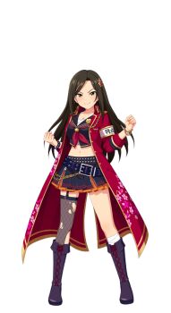 1girl armband bandages belt boots bracelet breasts brown_hair buttons chain cleavage coat fishnets floral_print forehead full_body garter_straps hair_ornament idol_clothes idolmaster idolmaster_cinderella_girls idolmaster_cinderella_girls_starlight_stage jewelry lace-up_boots mukai_takumi navel official_art pleated_skirt sailor_collar single_thighhigh skirt smile solo thighhighs torn_clothes yellow_eyes