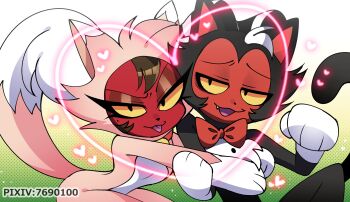 1boy 1girl animal_ears animal_hands bow bowtie cat_ears colored_skin cosplay demon demon_girl furry heart hellaverse helluva_boss husband_and_wife imp imps millie_(helluva_boss) moxxi_(helluva_boss) moxxie_(helluva_boss) red_bow red_bowtie red_skin tail