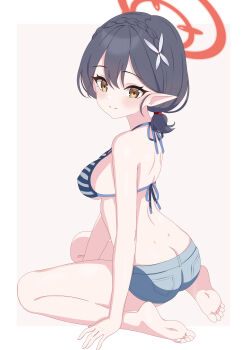 1girl absurdres arm_at_side arm_between_legs arm_support ass ayane_(blue_archive) ayane_(swimsuit)_(blue_archive) baozi_9527 bare_arms bare_legs bare_shoulders barefoot bikini bikini_top_only black_hair blue_archive blue_bikini blue_shorts blush border braid breasts butt_crack closed_mouth commentary crown_braid denim denim_shorts double-parted_bangs feet from_behind full_body grey_background hair_between_eyes hair_ornament hair_tie halo highres looking_at_viewer looking_back medium_breasts micro_shorts multicolored_bikini no_eyewear official_alternate_costume outside_border pocket pointy_ears ponytail red_halo short_hair short_ponytail shorts sitting smile soles solo split_mouth striped_bikini striped_clothes swimsuit toes two-tone_bikini wariza white_bikini white_border yellow_eyes