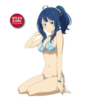 1girl blue_eyes blue_hair blue_nails blush bra breasts highres leozurcxxx make_heroine_ga_oo_sugiru! smile solo swimsuit transparent_background underwear yanami_anna