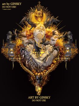 1boy absurdres armor bird black_background bowler_hat closed_eyes colored_skin crossed_arms crying dead_man&#039;s_questions diamond_wa_kudakenai disembodied_hand english_text flower ginsky2000 gold gold_armor grey_skin hat highres hourglass hug jojo_no_kimyou_na_bouken kawajiri_kosaku killer_queen kira_yoshikage multicolored_hair multiple_boys multiple_heads multiple_others multiple_persona short_hair skeleton skull stand_(jojo) statue two-tone_hair