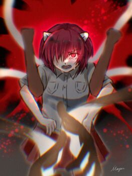 1girl arm_held_back blood blood_splatter buttons collared_shirt commentary_request crying elfen_lied hair_over_one_eye horns looking_at_viewer lucy_(elfen_lied) mayor_(yukiusa101) open_mouth pleated_skirt red_eyes red_hair red_skirt shirt short_hair signature skirt vectors white_shirt