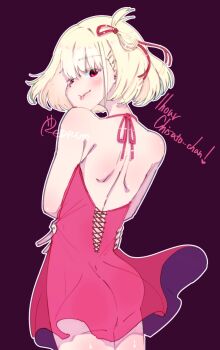 1girl absurdres alternate_costume artist_name ass back backless_outfit bare_shoulders blonde_hair blush closed_mouth commentary_request cowboy_shot dress english_text from_behind gradient_background hair_ribbon halter_dress halterneck highres kneepits looking_at_viewer looking_back lycoris_recoil median_furrow medium_hair nishikigi_chisato no_bra no_panties outline pink_dress purple_background red_eyes red_ribbon red_rum_rainy ribbon see-through_clothes see-through_dress short_dress shoulder_blades sleeveless sleeveless_dress solo tongue tongue_out white_outline