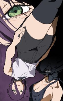 1girl absurdres anmi1702 blush bomb bomb_devil_(chainsaw_man) breasts chainsaw_man explosive eye_focus green_eyes highres medium_breasts multiple_girls purple_background purple_hair reze_(chainsaw_man) sharp_teeth shirt short_hair shorts sleeveless sleeveless_shirt teeth thighhighs tongue tongue_out upside-down zettai_ryouiki