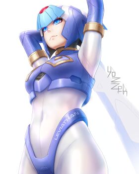 1girl absurdres armor arms_up blue_armor blue_eyes blue_helmet breasts cowboy_shot fairy_leviathan_(mega_man) forehead_jewel helmet highres mega_man_(series) mega_man_zero_(series) meme simple_background solo upward_angle_frieren_drawing_(meme) white_background yozzzeh