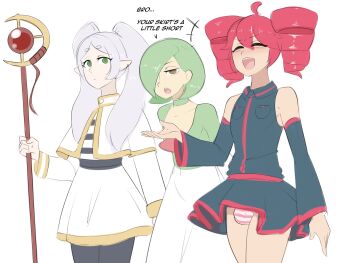 3boys bulge crossdressing frieren gardevoir gen_3_pokemon green_eyes green_hair highres kasane_teto multiple_boys nintendo panties pantyshot pokemon red_hair sealguy simple_background sousou_no_frieren standing striped_clothes striped_panties trap underwear white_background white_hair