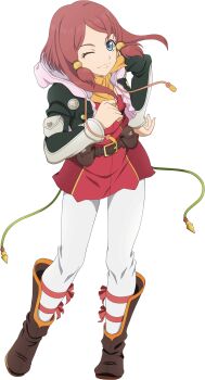 Rule 34 | 1girl, artist request, bandana, belt, black jacket, blue eyes, boots, breasts, brown belt, brown boots, closed mouth, dress, full body, game cg, hair ornament, hand on own chest, hand on own hip, highres, jacket, leaning forward, looking at viewer, medium breasts, official art, one eye closed, pants, pink hood, red dress, red hair, rose (tales), short hair, smile, solo, standing, tales of (series), tales of asteria, tales of zestiria, third-party source, transparent background, white pants, yellow bandana