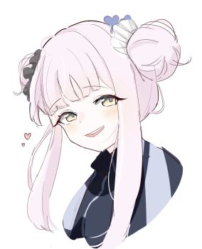 1girl blue_archive commentary dot_nose double_bun fuiba_blue hair_bun hair_ornament heart highres looking_at_viewer mika_(blue_archive) mika_(track)_(blue_archive) open_mouth pink_hair simple_background solo sportswear teeth upper_teeth_only yellow_eyes