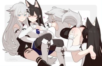 Rule 34 | 2girls, animal ear fluff, animal ears, arknights, ass, barefoot, black hair, black pantyhose, blue eyes, boots, bottomless, breasts, cleft of venus, closed eyes, closed mouth, feet, grabbing another's ass, groping, heart, highres, knees up, lappland (arknights), large breasts, long hair, multiple girls, pantyhose, pussy, rezodwel, scar, scar across eye, scar on face, shirt, sitting, smile, tail, texas (arknights), white boots, white shirt, wolf ears, wolf girl, wolf tail, yuri