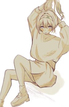 0_tsunamayo_0 1girl absurdres blush closed_mouth firefly_(honkai:_star_rail) gradient_eyes gradient_hair hair_between_eyes hair_intakes hair_tie_in_mouth hairband hashtag-only_commentary highres honkai:_star_rail honkai_(series) long_hair monochrome mouth_hold multicolored_eyes multicolored_hair shirt simple_background skirt smile solo tying_hair white_background