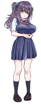 Rule 34 | 1girl, 3:, black socks, blue dress, breasts, brown shoes, closed mouth, collared shirt, dress, frown, green eyes, hair bobbles, hair ornament, highres, iyashigorira12, large breasts, loafers, long hair, looking at viewer, original, pinafore dress, purple hair, shaded face, shirt, shoes, short dress, short sleeves, simple background, sleeveless, sleeveless dress, socks, solo, split mouth, tachi-e, two side up, white background, white shirt