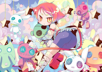 1girl amimi armband belt bike_shorts black_shorts breasts cat_ear-shaped_hair chocolate cookie detached_sleeves dress food green_dress kimokawae! leg_up looking_back moon oni orange_eyes red_armband red_belt red_hair red_shoes sango_(kimokawae!) sarashi shoes short_hair shorts small_breasts stuffed_animal stuffed_rabbit stuffed_toy teddy_bear triangle_mouth