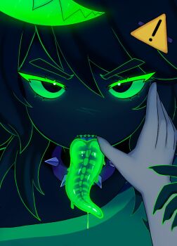 1girl 1other black_eyes black_hair black_skin collar colored_sclera colored_skin commentary english_commentary green_sclera highres houndeater looking_at_viewer original sharp_teeth sign spiked_collar spikes teeth thumb_to_mouth tongue tongue_out upper_teeth_only warning_sign