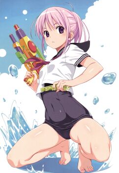 1girl absurdres barefoot breasts covered_navel dual_wielding feet female_focus full_body gun highres holding holding_gun holding_weapon koutaro old_school_swimsuit one-piece_swimsuit parted_lips pink_eyes pink_hair scan school_swimsuit school_uniform serafuku short_sleeves small_breasts solo splashing squatting swimsuit swimsuit_under_clothes toes water water_gun weapon
