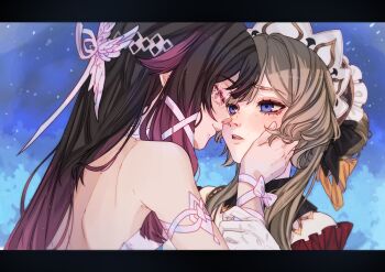 2girls bare_shoulders black_hair blue_eyes brown_hair closed_eyes closed_mouth columbina_(genshin_impact) commentary genshin_impact gloves hand_on_another&#039;s_face hashtag-only_commentary highres holding_another&#039;s_wrist letterboxed maid_headdress multiple_girls parted_lips purple_hair remy_(rmj_draws) sandrone_(genshin_impact) smile twitter_username white_gloves yuri