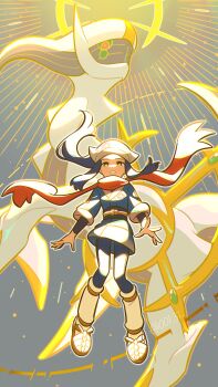 1girl absurdres akari_(pokemon) arceus black_sash black_shirt blue_jacket blue_skirt chueog floating_hair floating_scarf gen_4_pokemon grey_background hashtag-only_commentary headscarf highres jacket legendary_pokemon long_hair looking_down mythical_pokemon nintendo pokemon pokemon_(creature) pokemon_legends:_arceus ponytail red_scarf sash scarf shirt shoes sidelocks skirt socks spread_fingers teeth white_headscarf white_socks