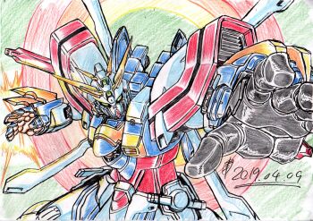 bakunetsu_god_finger colored_pencil_(medium) dated fighting_stance foreshortening g_gundam glowing glowing_hand god_gundam green_eyes gundam irikodashig looking_at_viewer mecha mecha_focus no_humans open_hands outstretched_arms robot science_fiction solo spread_arms super_robot traditional_media upper_body v-fin