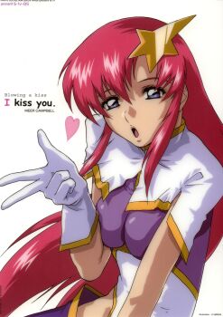 1girl absurdres arm_support artist_name blowing_kiss blue_eyes breasts gundam gundam_seed half-closed_eyes heart highres large_breasts legs leotard long_hair looking_at_viewer meer_campbell official_art pink_hair puckered_lips smile solo thighs tongue