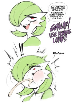! !! 1girl blush blush_stickers bob_cut cheek_bulge collarbone colored_skin commentary constricted_pupils cum cum_in_mouth english_commentary english_text female_focus flat_color gardevoir gen_3_pokemon green_hair green_skin hair_over_one_eye half-closed_eyes happy highres jitome light_blush looking_at_viewer multicolored_skin multiple_views nintendo one_eye_covered open_mouth pokemon pokemon_(creature) portrait profanity raised_eyebrows red_eyes saltyxodium short_hair simple_background smile smug speech_bubble surprised sweat talking teeth trembling two-tone_skin upper_teeth_only white_background white_skin