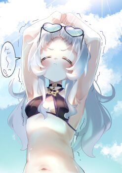 armpit_focus armpits arms_up bikini blue_sky blush breasts closed_eyes closed_mouth cloud cloudy_sky commentary_request day facing_viewer from_below heart heart-shaped_eyewear highres hololive murasaki_shion outdoors sashimi_(sasimi561) sky small_breasts sound_effects sound_effects_only speech_bubble spoken_sound_effect stretching sunlight swimsuit upper_body virtual_youtuber white_hair