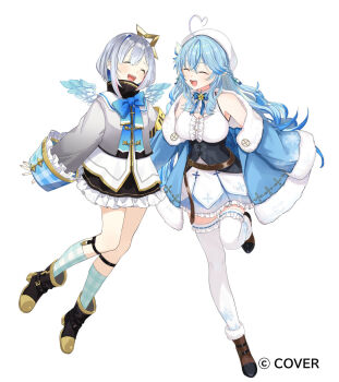 2girls ^_^ ahoge aiguillette amane_kanata amane_kanata_(1st_costume) angel_wings armband belt beret black_boots black_corset black_skirt blue_bow blue_bowtie blue_coat blue_hair blue_skirt blue_socks blue_wings bob_cut boots bow bowtie braid breasts brown_belt brown_boots center_frills closed_eyes coat colored_inner_hair commentary_request copyright_name corset cropped_jacket crossed_bangs double-parted_bangs feathered_wings flower frilled_shirt frilled_skirt frilled_thighhighs frills full_body fur-trimmed_boots fur-trimmed_coat fur_trim gimtaro gingham_socks gradient_wings grey_jacket hair_between_eyes hair_flower hair_ornament half_up_braid halo hat heart heart_ahoge high_heel_boots high_heels highres holoforce hololive jacket kneehighs large_breasts leather_belt legwear_garter long_hair long_sleeves mini_wings miniskirt multicolored_hair multicolored_wings multiple_girls off_shoulder official_art open_mouth pink_streaks plaid_bow plaid_bowtie plaid_clothes pointy_ears purple_eyes sailor_collar shirt short_hair sidelocks simple_background single_hair_intake skirt sleeve_cuffs sleeveless sleeveless_shirt sleeves_past_wrists smile snowflake_hair_ornament socks star_halo streaked_hair thighhighs tilted_halo turtleneck very_long_hair vest virtual_youtuber white_background white_hat white_sailor_collar white_shirt white_thighhighs white_vest white_wings wide_sleeves wings yukihana_lamy yukihana_lamy_(1st_costume)