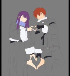 1boy 1girl animated artist_name barefoot belt black_hair black_pants blue_skirt blush brown_hair closed_mouth collared_jacket fern_(sousou_no_frieren) fingerless_gloves foot_out_of_frame foot_up fur-trimmed_sleeves fur_collar fur_trim gloves hand_up heart heart_hands heart_hands_duo high_collar jacket leaning_to_the_side lineart long_hair long_skirt long_sleeves looking_at_viewer making-of monochrome multicolored_hair pants photo-referenced pink_pupils purple_eyes purple_hair red_eyes red_jacket scar scar_across_eye scar_on_face short_hair simple_background sketch skirt smile sousou_no_frieren standing standing_on_one_leg stark_(sousou_no_frieren) straight-on toes two-tone_hair video watermark white_background yazesuya