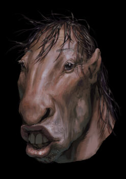 1boy absurdres aquiline_nose balding black_background black_eyes black_hair chinese_zodiac commentary_request facial_hair head_only highres jonpei male_focus nose original pointy_ears puckered_lips simple_background solo stubble teeth year_of_the_horse