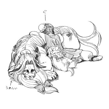 1girl 2boys beard beard_bow facial_hair greyscale hair_bun hikagami_(june_lotus) human_head lying monochrome multiple_boys original short_hair simple_background sleeping tail tail_wagging translation_request white_background